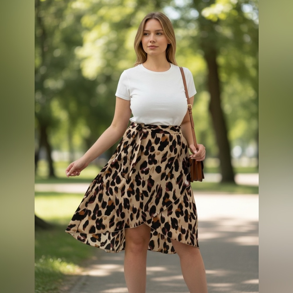 NEW•XL-2X•Creme De La Creme Tie Waist Animal Print Wrap Skirt
